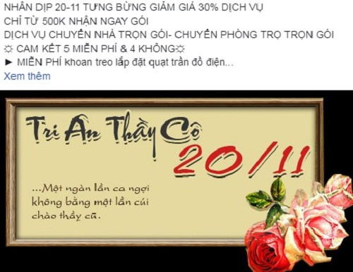 Thậm chí, dịch vụ chuyển nhà trọn gói cũng tưng bừng giảm giá 30% trong ngày 20/11. Ảnh: Facebook.