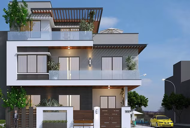 Nhà phố 2 tầng 80m2 nổi vật với không gian xanh mướt. Hệ thống tường sang trọng bằng gỗ kết hợp tường xi măng càng làm tăng thêm sự sang trọng cho ngôi nhà. Ảnh: Arcviet.