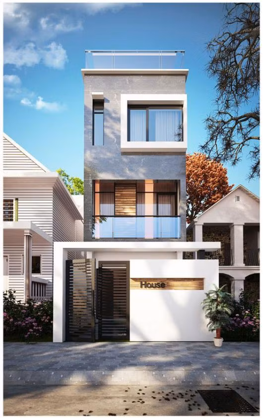 Trên nền ghi trắng chủ đạo, tầng 1 ngôi nhà ốp đá tạo cho kiến trúc thêm phần độc đáo. Ảnh: Thoitrangkiwi.