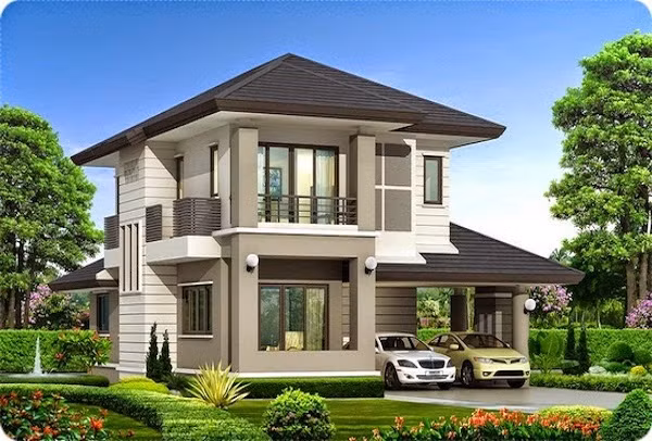 Nhà 2 tầng sở hữu không gian thoáng mát, có sân vườn phía trước. Một bên là cửa vào gara, một bên là cửa chính đón khách. Ảnh: Internet.