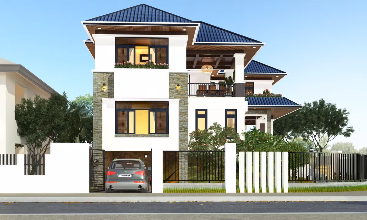 Biệt thự mái thái sang trọng với những đườn nét tối giản song không hề đơn điệu nhờ những mảng tường được trang trí sử dụng nhiều màu sắc khác biệt. Ảnh: Kientrucroman.