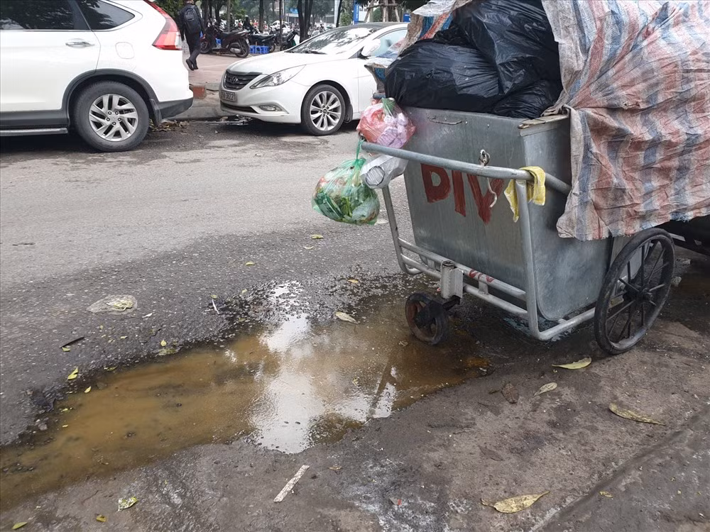 Bên cạnh những xe chất đống rác thải sinh hoạt là những vũng nước bẩn bốc mùi hôi thối.