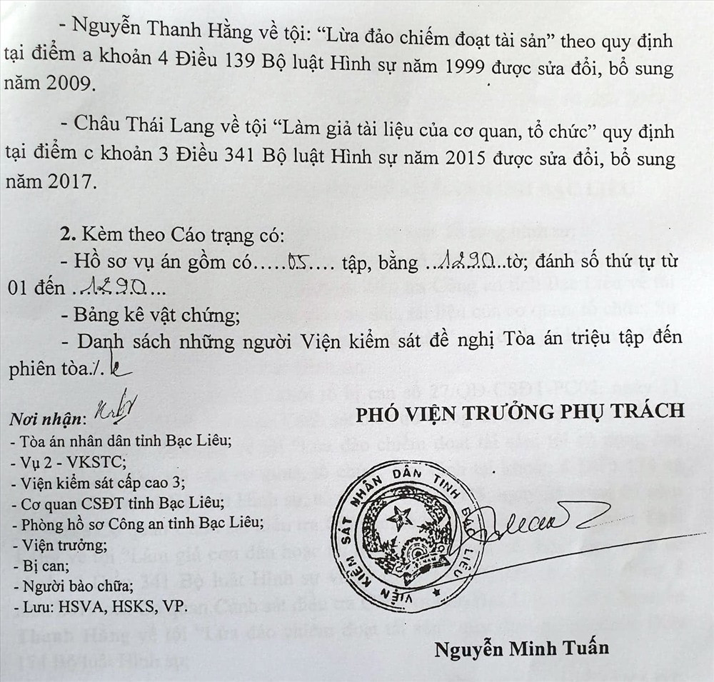 Mới đây nhất, ngày 15/11, Viện KSND tỉnh Bạc Liêu đã tống đạt cáo trạng đến các đối tượng liên quan và đề nghị truy tố vợ chồng ông Nguyễn Thanh Hằng, Giám đốc Cty TNHH Gia Bảo tội lừa đảo chiếm đoạt tài sản. Ảnh: Lao động.