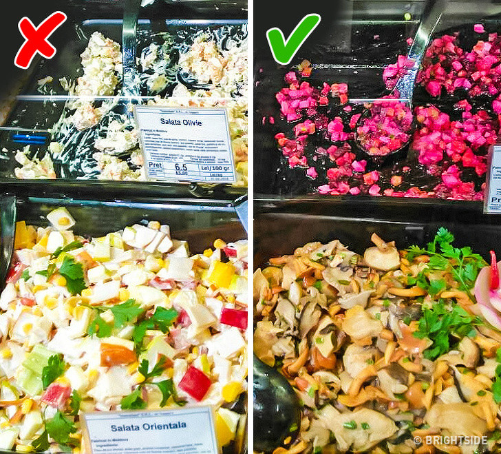 Với thực phẩm chế biến sẵn, người mua nên chú ý đến những món có nhiều gia vị hoặc thảo mộc tươi bởi, đây có thể là cách người bán ngụy trang nguyên liệu đã hết hạn. Nếu chọn món salad, hãy nhớ rằng món salad với thịt hoặc cá thì nhanh hết hạn hơn món rau. Món salad với dầu trộn sẽ an toàn hơn món salad trộn với sốt mayonnaise.