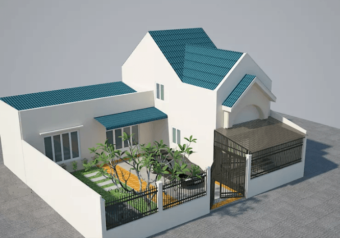 Nhà cấp 4 mái tôn sử dụng thiết kế giật cấp. Khối mái cao hình chữ A, có thể thoát nước nhanh và thoáng mát về mùa hè. Ảnh: Wedo.