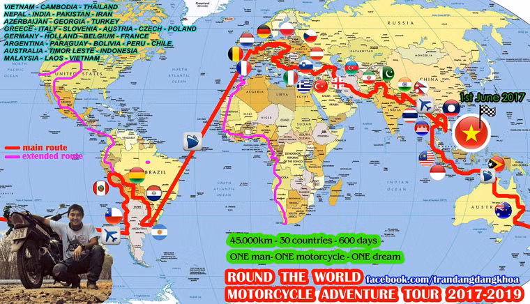 Và cuối cùng, kế hoạch hành trình đi khắp thế giới trên chiếc xe máy của chàng trai miền Tây đã hoàn thành với những chi tiết tỉ mỉ nhất. Hành trình sẽ trải dài trong 600 ngày với khoảng 45 ngàn km, đi qua ít nhất 30 nước trên khắp các châu lục như Á, Âu, Mỹ, Phi, Úc, Nam Cực...