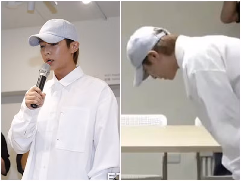 Zing vừa dẫn thông tin của ETtoday, Khâu Diệu Nhạc tổ chức họp báo về việc tố bị nam ca sĩ Viêm Á Luân xâm hại tình dục, cưỡng ép quay video nhạy cảm vào năm 17 tuổi. Khi sự kiện diễn ra, Viêm Á Luân xông vào rồi cúi đầu xin lỗi Khâu Diệu Nhạc. Ảnh: Zing.