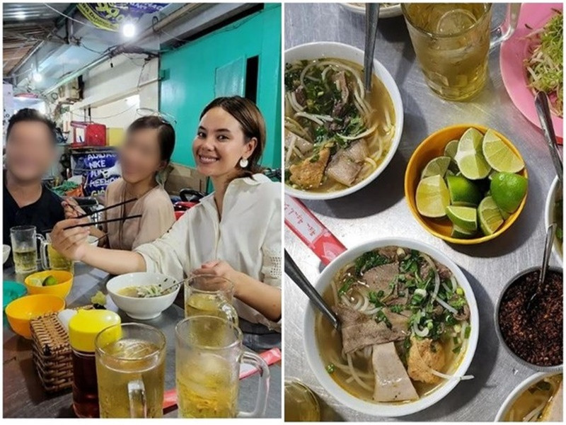 Tháng 6/2022, Catriona Gray - Hoa hậu Hoàn vũ Thế giới 2018 ở Việt Nam. Cô yêu thích ẩm thực đường phố. Người đẹp khoe ăn bún bò, bún mắm, uống cà phê sữa đá. Ảnh: Instagram