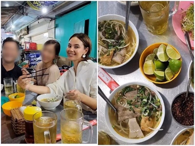 Tháng 6/2022, Catriona Gray - Hoa hậu Hoàn vũ Thế giới 2018 ở Việt Nam. Cô yêu thích ẩm thực đường phố. Người đẹp khoe ăn bún bò, bún mắm, uống cà phê sữa đá. Ảnh: Instagram