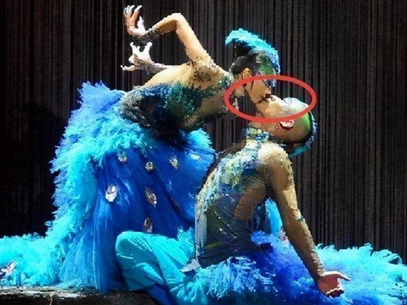 Zing dẫn thông tin QQ, điệu múa chim công do Dương Lệ Bình biên đạo gây tranh cãi. Trong buổi biểu diễn mới đây, bài múa bị chê có nhiều động tác gợi dục giữa vũ công nam và nữ. Bên cạnh đó, trang phục của vũ công nam bị đánh giá phản cảm khi vũ công nam cởi trần, mặc đồ màu da bó sát cơ thể. Ảnh: Zing.