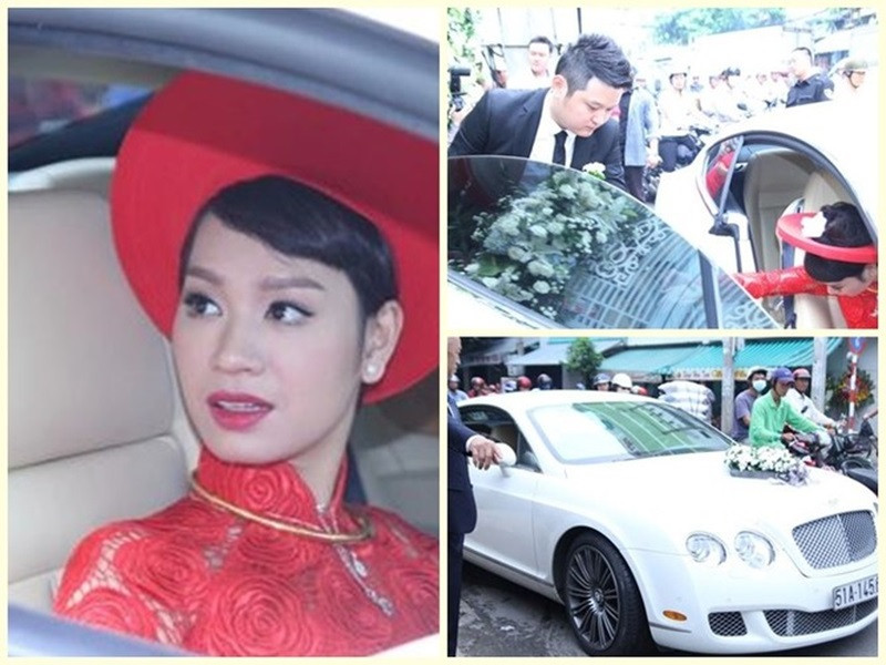 Trong đám cưới ngày 14/6/2014, Trà My Idol mặc áo dài đỏ truyền thống bước lên chiếc xe trắng hơn 10 tỷ đồng. Ông xã của nữ ca sĩ là Tô Văn Đức - người sở hữu nhiều siêu xe, hệ thống nhà hàng, quán karaoke hạng sang tại TP.HCM. Ảnh: Khám Phá.