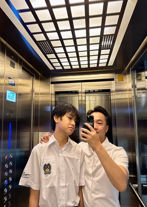 Tuổi 13, con trai Cường Đô la có chiều cao vượt bố. Ảnh: FBNV.