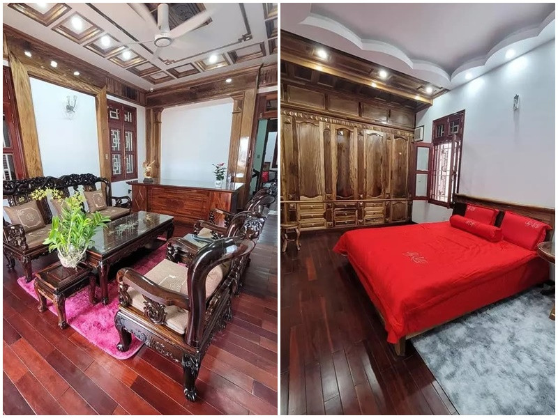 Bên trong biệt thự là nội thất đồ gỗ chạm trổ hoa văn bắt mắt. Ảnh: Bảo Vệ Công Lý.