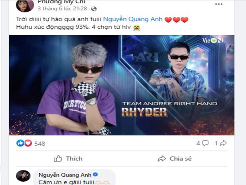 Mới đây, khi Quang Anh thi Rap Việt, Phương Mỹ Chi bày tỏ: "Tự hào quá anh tôi - Nguyễn Quang Anh. Xúc động. 93% bình chọn từ khán giả, 4 lựa chọn từ huấn luyện viên". Ảnh chụp màn hình.