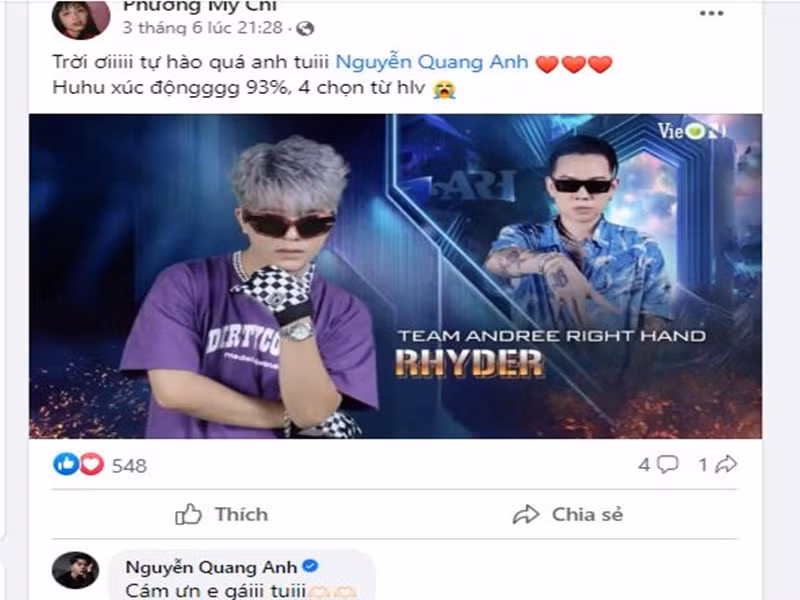 Mới đây, khi Quang Anh thi Rap Việt, Phương Mỹ Chi bày tỏ: "Tự hào quá anh tôi - Nguyễn Quang Anh. Xúc động. 93% bình chọn từ khán giả, 4 lựa chọn từ huấn luyện viên". Ảnh chụp màn hình.