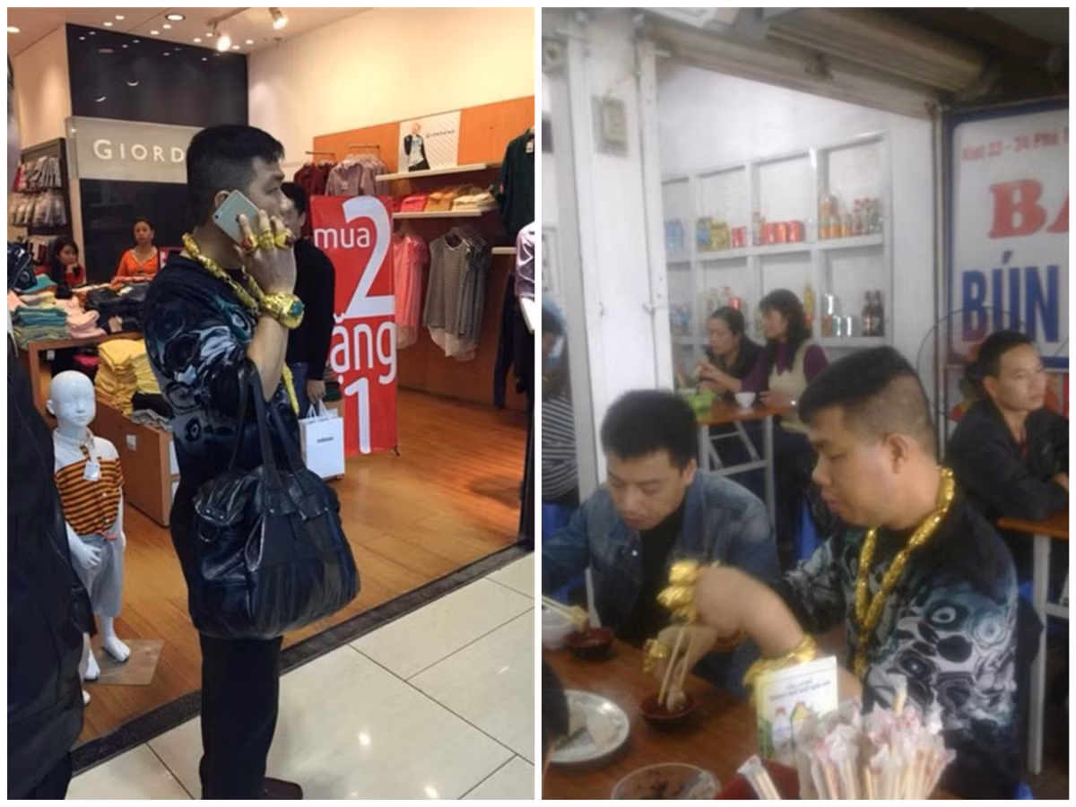 Mới đây, xuất hiện tại một trung tâm thương mại ở Hà Nội, một người đàn ông đã gây không ít sự chú ý vì độ chơi "trội", đeo loạt trang sức vàng lên người.