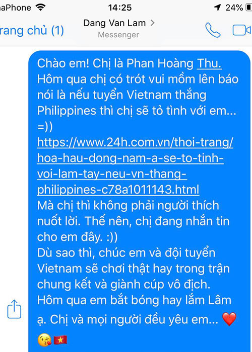 Thực hiện lời hứa của mình, Phan Hoàng Thu nhắn tin với thủ môn Lâm Tây. "Hôm qua em bắt bóng hay lắm Lâm ạ. Chị và mọi người đều yêu em".