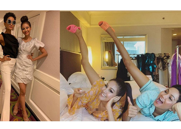 H'hen Niê cùng cô bạn cùng phòng đến từ Hàn Quốc từng tạo dáng khó đỡ với đôi dép lê H'hen Niê mang từ Việt Nam sang.