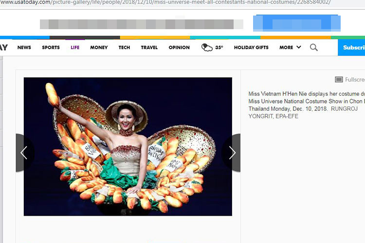 Một tờ báo Mỹ khác là USA Today cũng đưa tin về bộ quốc phục "Bánh Mì" của H'hen Niê. Tờ USA Today chú thích: "H'hen Niê - đại diện Việt Nam trình diễn quốc phục tại cuộc thi".