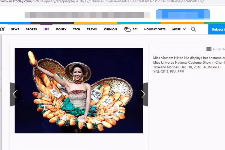 Một tờ báo Mỹ khác là USA Today cũng đưa tin về bộ quốc phục "Bánh Mì" của H'hen Niê. Tờ USA Today chú thích: "H'hen Niê - đại diện Việt Nam trình diễn quốc phục tại cuộc thi".