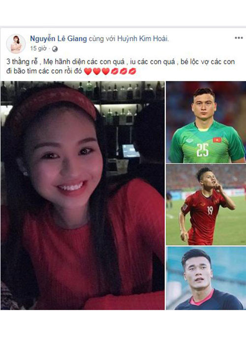 Lê Giang lại hài hước chia sẻ Đặng Văn Lâm, Bùi Tiến Dũng và Quang Hải là con rể của cô.