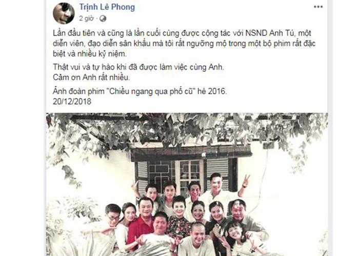 Đạo diễn Trịnh Lê Phong chia sẻ hình ảnh nghệ sĩ Anh Tú khi đóng phim "Chiều ngang qua phố cũ" kèm dòng tâm sự tự hào khi được hợp tác cùng cố nghệ sĩ.