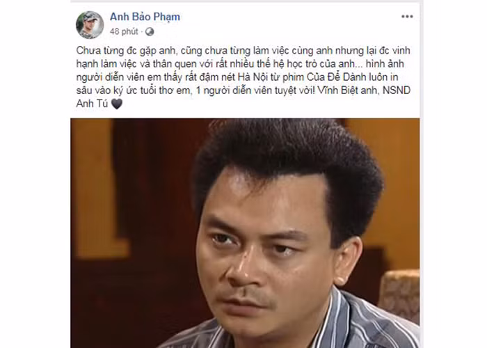 Diễn viên Bảo Anh "Người phán xử" cũng gửi lời vĩnh biệt nghệ sĩ Anh Tú.