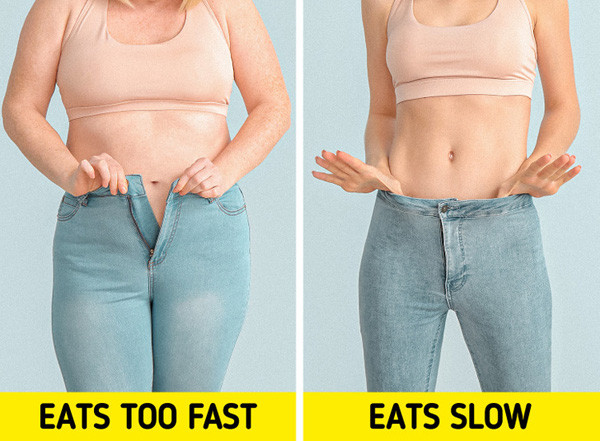 Ăn quá nhanh. Ăn nhanh giúp bạn rút ngắn thời gian dùng bữa, đôi khi có thể khiến bạn rút ngắn tuổi thọ đời mình. Nghiên cứu chỉ ra, 60% trẻ ăn quá nhanh có cân nặng vượt chuẩn. Ăn nhanh cũng là yếu tố gây tích mỡ bụng, huyết áp cao, tích tụ chất béo xấu, tăng lượng đường trong máu.