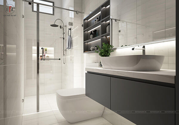 Sử dụng quạt thông gió để phòng tắm luôn khô thoáng. Tốt nhất không sử dụng thảm trong phòng ẩm hay phòng tắm. Nếu sử dụng cần giặt và lau khô thường xuyên. Thời điểm độ ẩm cao nên dùng điều hòa hoặc máy hút ẩm để cân bằng độ ẩm trong mức 30-50%. Ảnh: Nội thất Âu Mỹ.