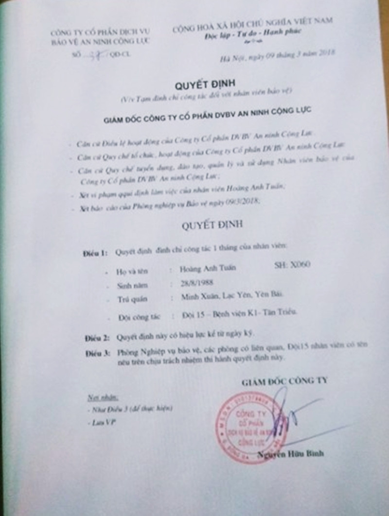 Quyết định đình chỉ một nhân viên bảo vệ ở bệnh viện K (cơ sở 3 Tân Triều) đánh người nhà bệnh nhân nhập viện.