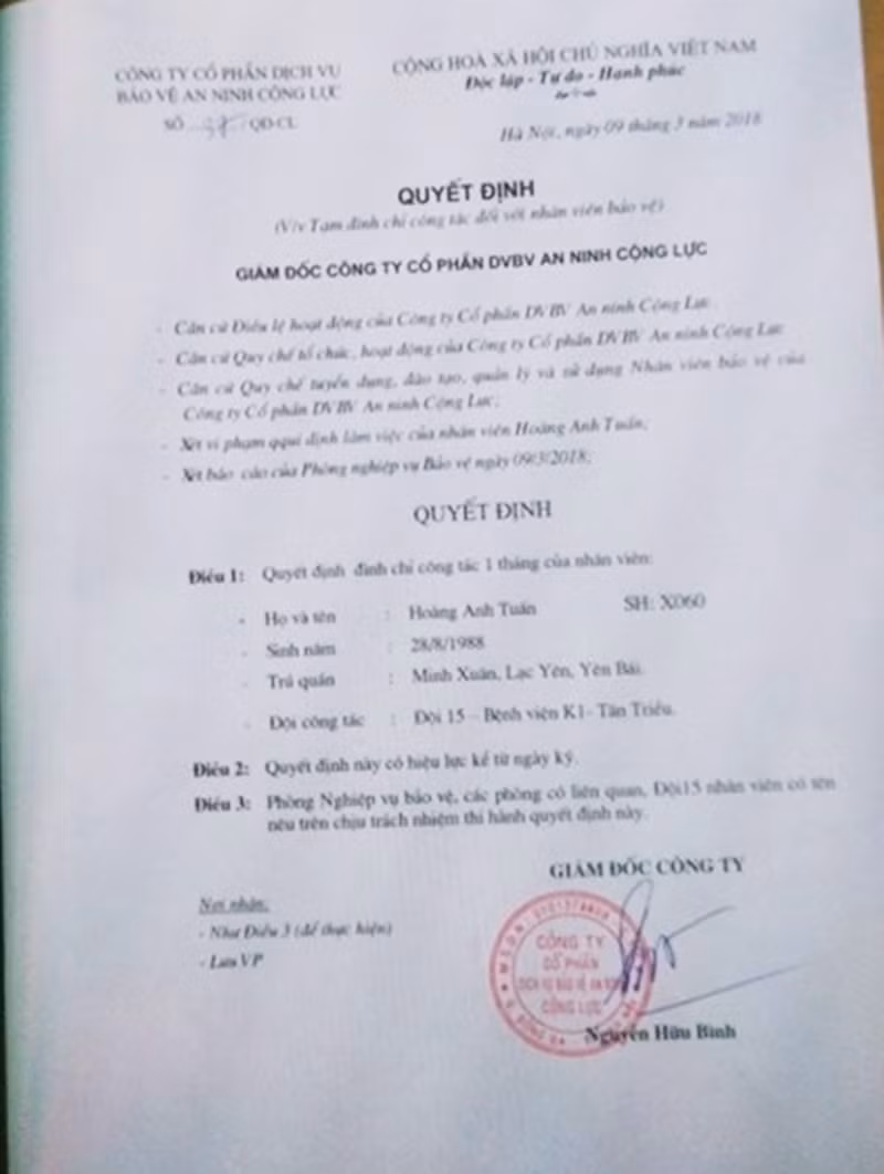 Quyết định đình chỉ một nhân viên bảo vệ ở bệnh viện K (cơ sở 3 Tân Triều) đánh người nhà bệnh nhân nhập viện.