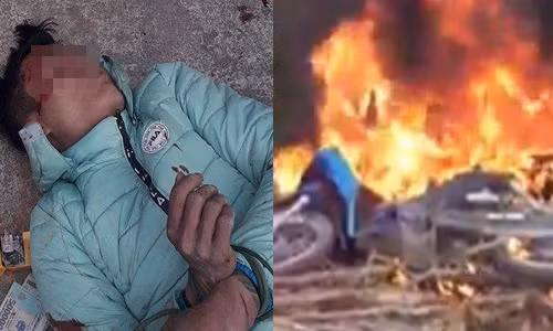 Nam thanh niên trộm chó bị người dân đánh ngất xỉu, đốt xe giữa đường.