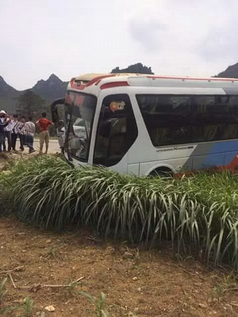 Hai chiếc xe khách sau khi va chạm đã lao sang lề đường.