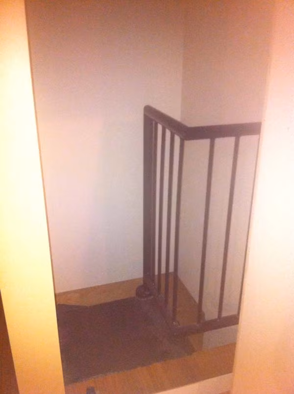 Chiếc kệ sách có thể di động và mở ra, phía sau là một cầu thang bằng sắt, được thiết kế nhỏ gọn theo kiểu xoắn ốc hướng xuống phía dưới.