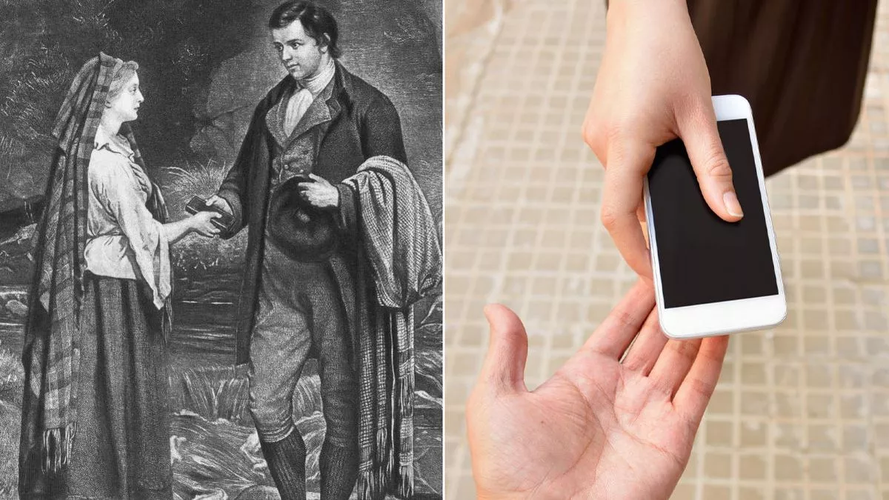 Ban đầu, nó được cho là mô tả lời hứa hôn của nhà thơ nổi tiếng Scotland - Robert Burns và người tình Mary Campbell trên con sông Ayr vào năm 1786. Bức tranh hiển thị cặp đôi đứng bên bờ sông, nhìn nhau âu yếm và chạm vào một vật thể màu đen hình chữ nhật.