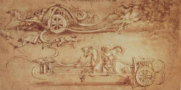 2. Chiến xa: Đây là một trong những thiết kế vũ khí của Leonardo da Vinci mà không bao giờ thực hiện. Nó được điều khiển bởi một kị sĩ và trang bị các lưỡi quay để tạo ra sức tàn phá.