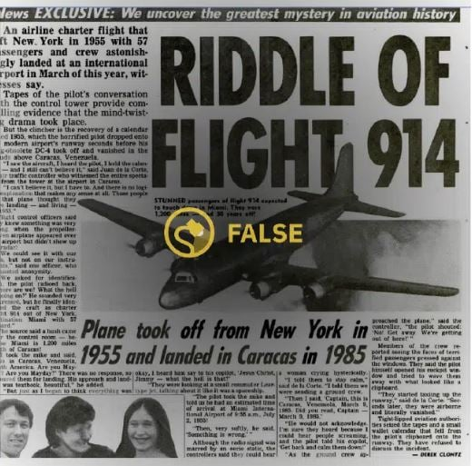 Hình ảnh được sử dụng trong câu chuyện này không phải là hình ảnh của chuyến bay Pan Am Flight 914, mà thực chất là hình ảnh một chiếc máy bay DC-4 vào năm 1935.