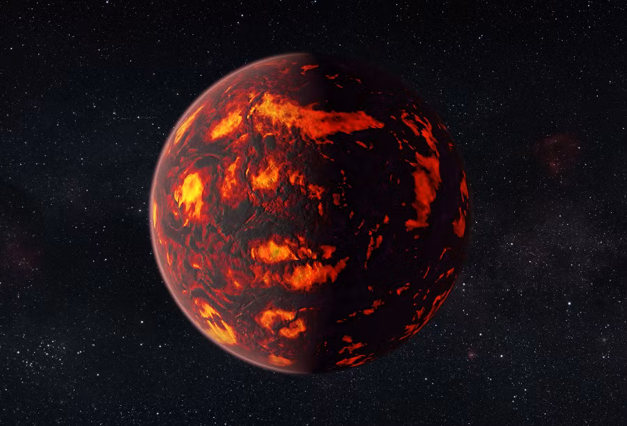 55 Cancri e là một hành tinh đá nóng có khối lượng gấp 8 lần Trái Đất. Nó nằm gần ngôi sao mẹ, chỉ cách Mặt Trời chưa đầy 2% khoảng cách giữa Trái Đất và Mặt Trời, hoàn thành một vòng quỹ đạo chỉ trong 17 giờ.