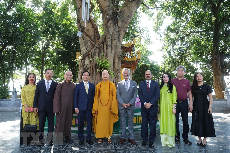 Bộ trưởng Ngoại giao Bùi Thanh Sơn và Bộ trưởng Ngoại giao Ấn Độ Subrahmanyam Jaishankar cùng các đại biểu chụp ảnh chung bên cây bồ đề do Tổng thống Ấn Độ Rajendra Prasad trao tặng Chủ tịch Hồ Chí Minh (năm 1959) được trồng tại chùa Trấn Quốc. (Ảnh: Lâm Khánh/TTXVN)