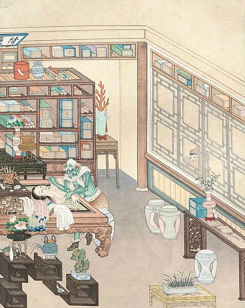 Nội dung của bức tranh là một thư phòng, trong đó có một ma nữ màu xanh đang sử dụng lớp da của một cô gái xinh đẹp để vẽ. Bên cửa sổ, một người đàn ông đang nhòm vào cảnh này với khuôn mặt trắng bệch đầy kinh hãi.