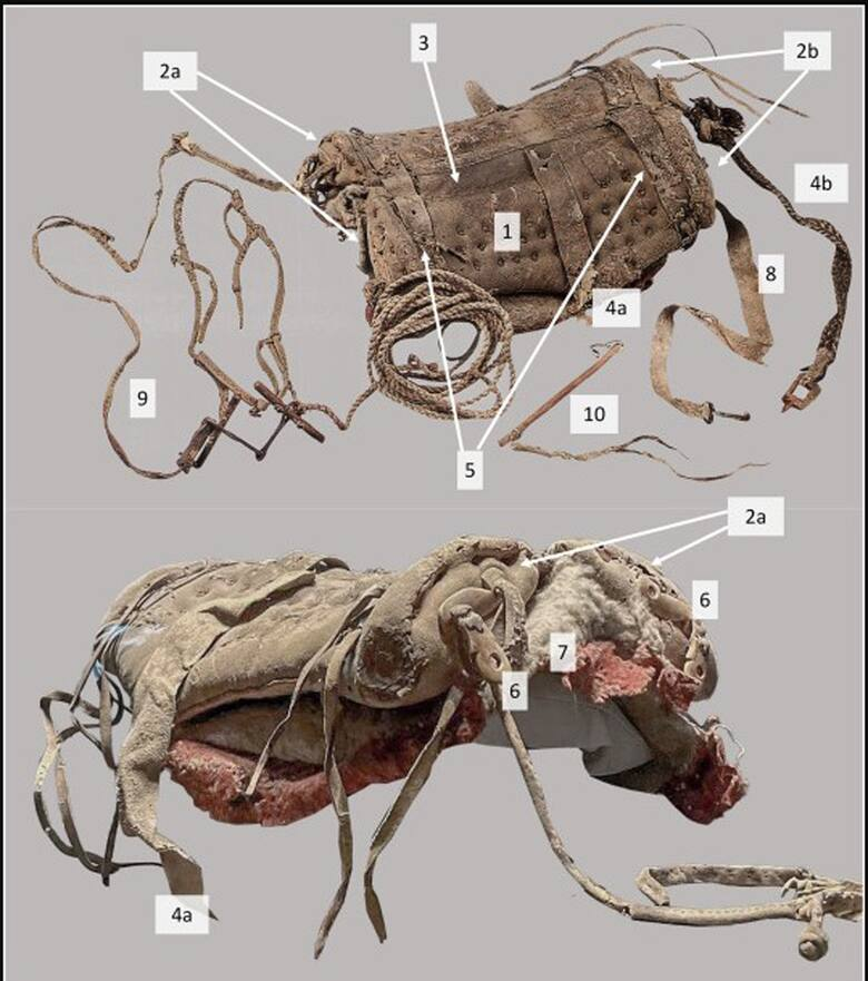Phần đệm của yên ngựa được làm bằng da bò, với lớp lông hươu và lạc đà bên trong. Ước tính niên đại của yên ngựa này vào khoảng năm 727-396 TCN.