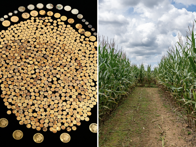 Ở một trường hợp tương tự, một người đàn ông ở Kentucky, Mỹ, đã tình cờ đào được một kho báu chứa hơn 700 đồng xu bằng vàng từ thời Nội chiến Mỹ trong khi làm việc trên cánh đồng ngô nhà mình.