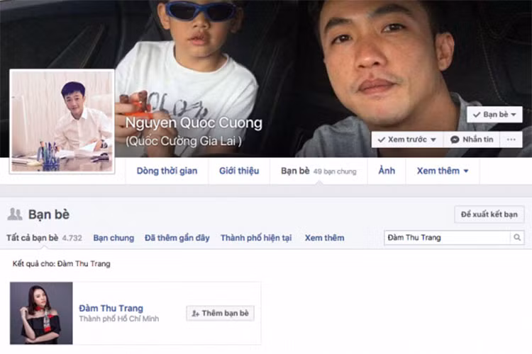 Cư dân mạng còn phát hiện Cường Đô la bỏ theo dõi Hạ Vi và kết bạn với Đàm Thu Trang trên Facebook. Ảnh: FBNV