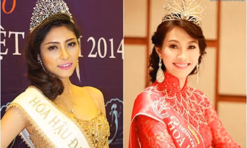 Đặng Thu Thảo - Hoa hậu Đại dương 2014 (trái) trùng tên người đẹp đăng quang Hoa hậu Việt Nam 2012. Ảnh: Đời sống pháp luật