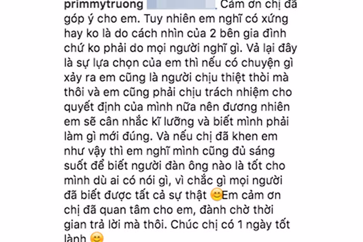 Khi một cư dân mạng cho rằng chàng trai của Xuân Thảo có lẽ không thể che chở được cho cô, Xuân Thảo lên tiếng bảo vệ tình yêu của mình. Ảnh: FBNV