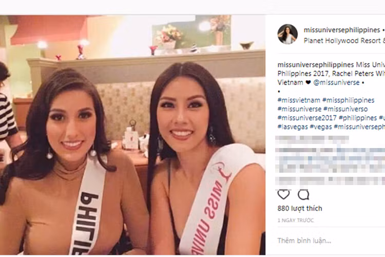 Mới đây, khi bước vào cuộc thi Hoa hậu Hoàn vũ Thế giới 2017, Nguyễn Thị Loan tỏ ra thân thiện với Rachel Peters - đại diện Philippines. Tuy nhiên, một lần nữa, Nguyễn Thị Loan bị cư dân mạng Philippines ném đá. Ảnh: Instagram nhân vật
