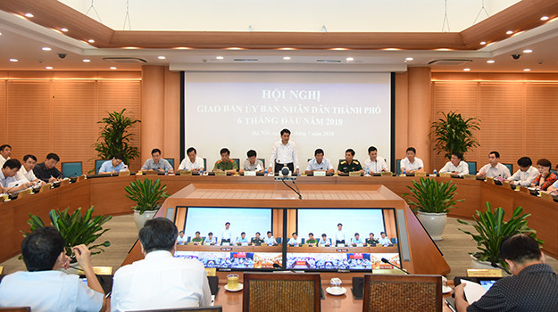 Quang cảnh của hội nghị sơ kết công tác nội chính và phòng chống tham nhũng 6 tháng đầu năm, nhiệm vụ 6 tháng cuối năm 2018 tại Hà Nội. Ảnh: Cổng giao tiếp điện tử Hà Nội.