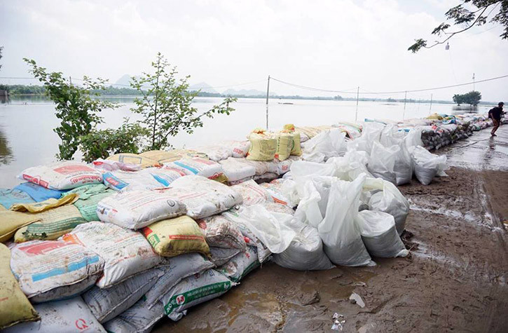 Những bao tải cát được cơ quan chức năng đắp đê ứng phó ngập lụt ở Chương Mỹ.