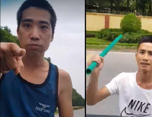 Hai trong số thanh niên chặn xe ô tô rất hung hãn, liên tục chỉ tay, gõ vào kính yêu cầu tài xế xuống xe.