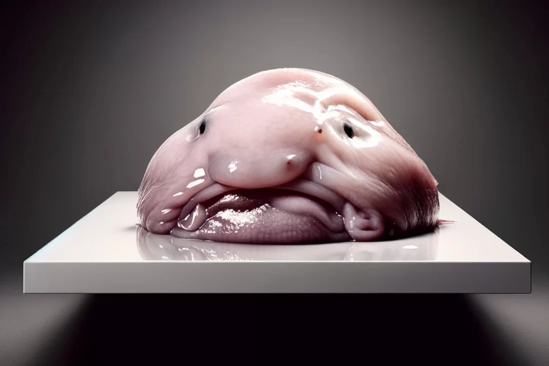 Cơ thể của cá blobfish phồng lên, với một cái đầu to và một cái mũi lớn, gây nên hình ảnh buồn nhưng đặc trưng cho loài động vật này.